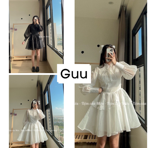Váy xòe 2 lớp đan dây cổ Đầm tay bồng 2 màu trắng đen vải voan tơ mềm mát GUU