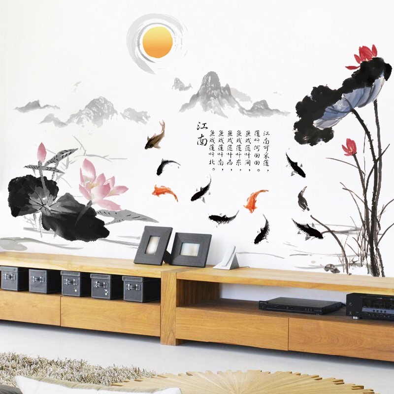 Decal dán tường hoa sen và cá vàng màu đen