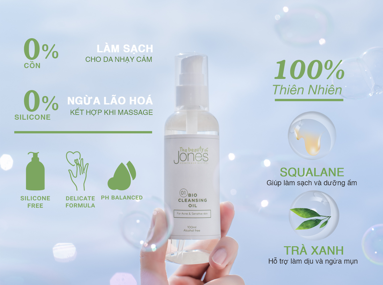 Dầu tẩy trang dành da mụn nhạy cảm cấp ẩm ngừa mụn The Beauty of Jones 100ml