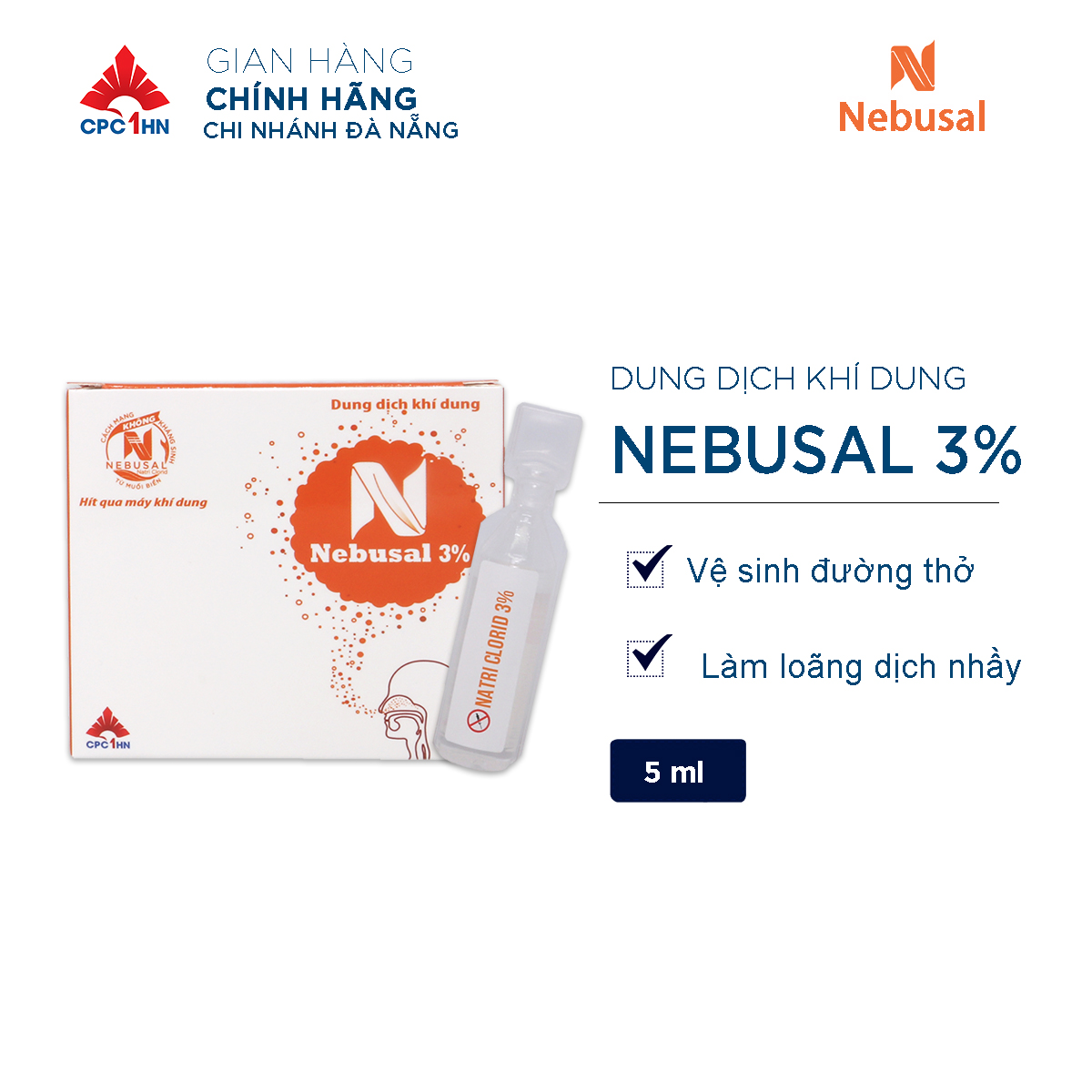 Dung dịch khí dung NEBUSAL 3%, hộp 1 vỉ x 5 ống nhựa 5ml vệ sinh đường hô