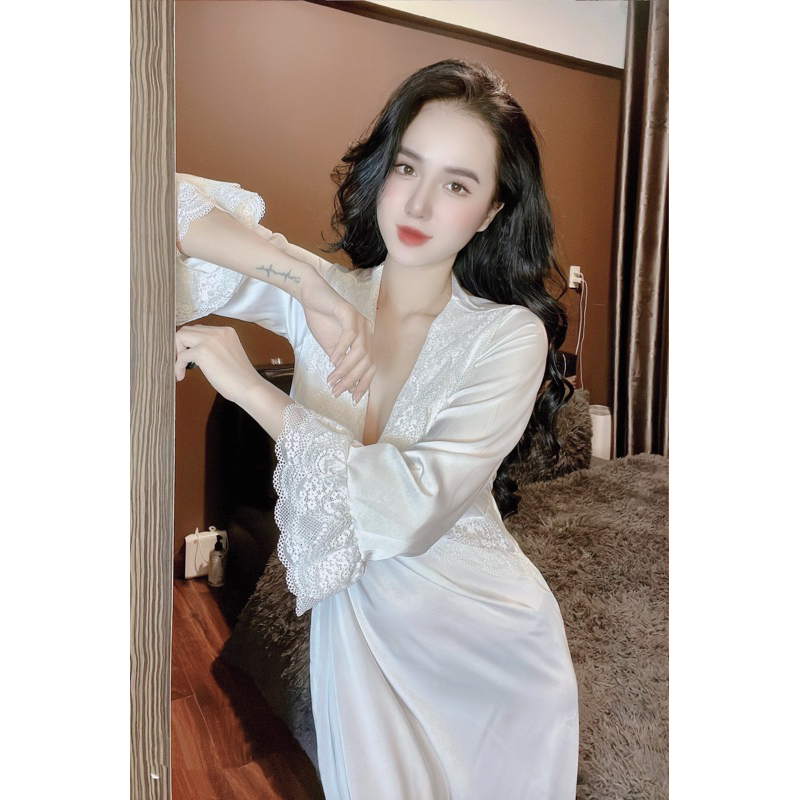 Đầm ngủ tiểu thư tay loe phối ren sexy lụa latin siêu cưng freesize