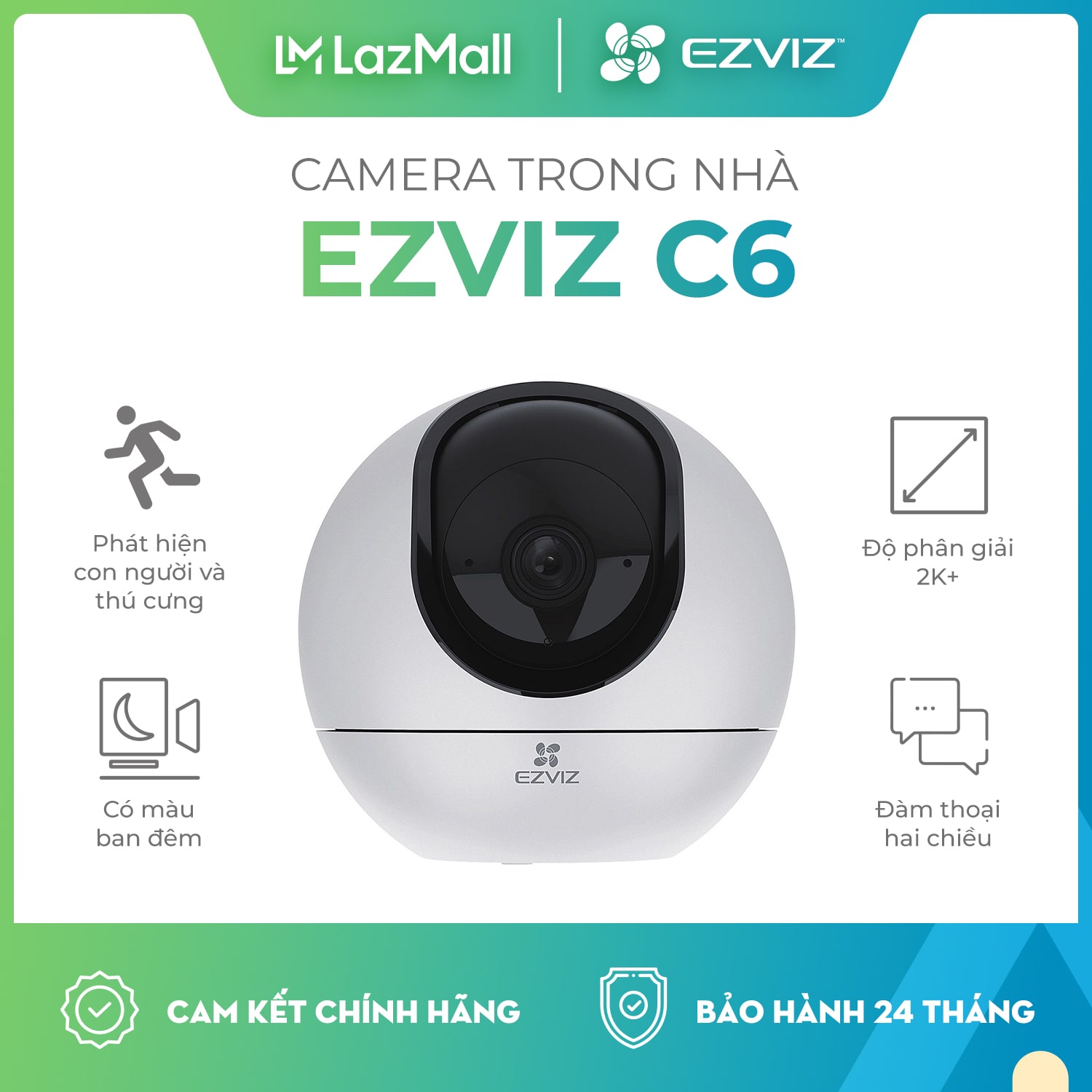 Camera Ezviz C6, camera trong nhà, độ phân giải 2K+, xoay 360 độ, tích hợp AI phát hiện người và thú cưng, đàm thoại 2 chiều, ghi hình màu - BH 24 tháng