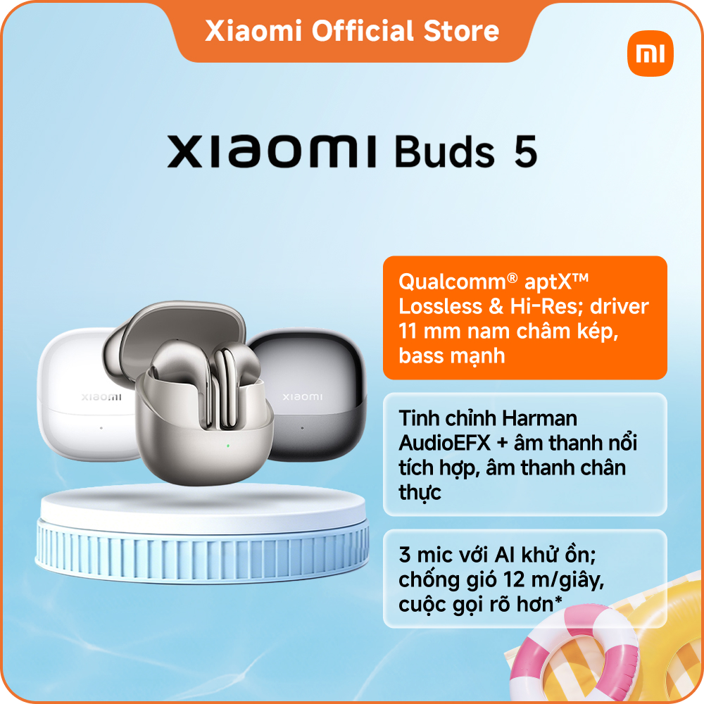 Tai nghe Bluetooth Xiaomi Buds 5 | Qualcomm® aptX™ Lossless và Hi-Res Audio | Trang bị công nghệ tinh chỉnh Harman AudioEFX và tích hợp âm thanh nổi | Ba micrô với công nghệ khử tiếng ồn bằng AI