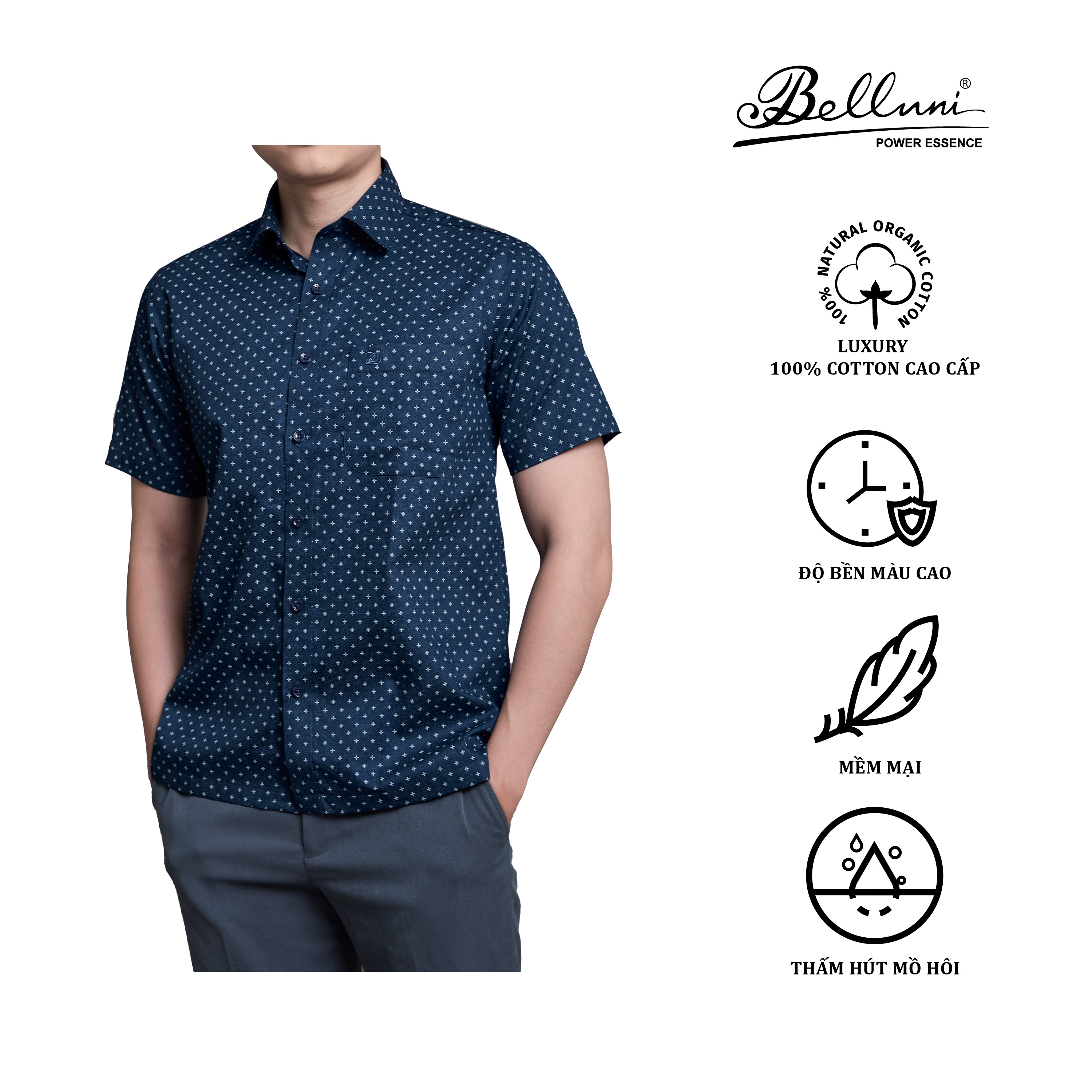Áo sơ mi nam ngắn tay cotton cao cấp belluni - anl.cm.be.4.b