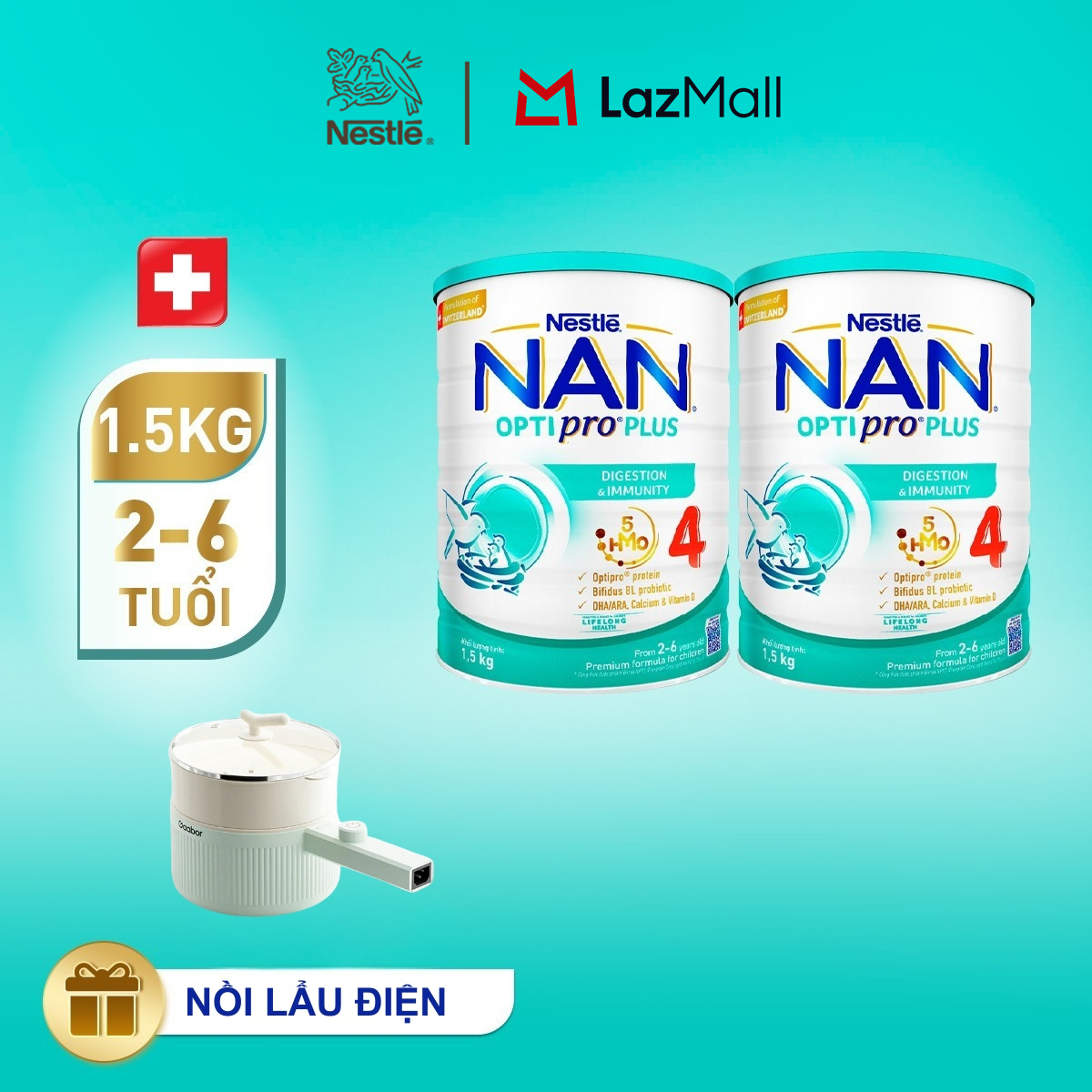 [Tặng Nồi lẩu điện Gaabor] Bộ 2 lon Sữa Bột Nestlé NAN OPTIPRO PLUS 4 1500g Cho Bé 2 - 6 Tuổi: Công Thức Độc Quyền Nhập Khẩu Từ Thụy Sỹ, Chứa Phức Hợp 5-HMO