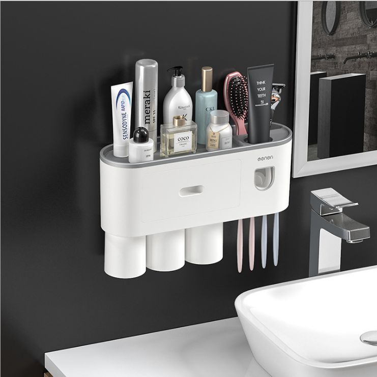 [HCM]Giá kệ dán tường treo bàn chải đánh răng ly súc miệng kết hợp dụng cụ nặn kem nhà tắm