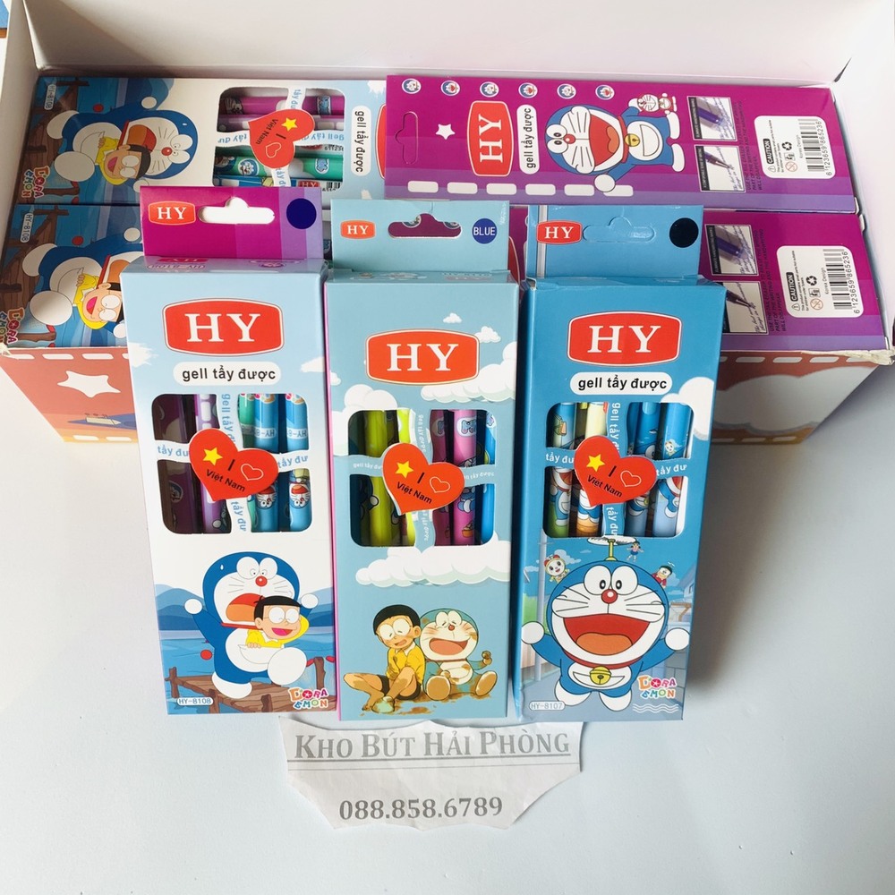 Bút bi xóa được doremon Hộp 12 cái mầu mực đen, xanh, tím