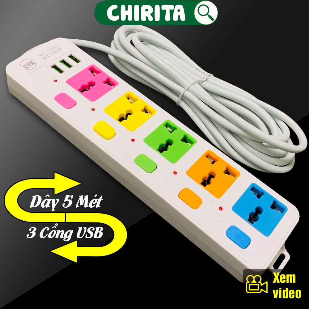 Ổ Cắm Điện Đa Năng CYX-335U Công Suất 2500W - Ổ Điện Thông Minh 3 Cổng USB 5 Lỗ Cắm - Dây Dài 5 Mét CHIRITA