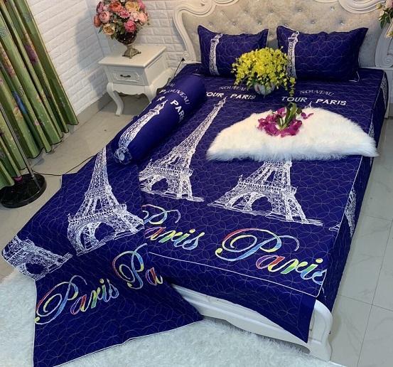 Trọn bộ 5 món chăn ga gối phủ chần bông mẫu tháp paris