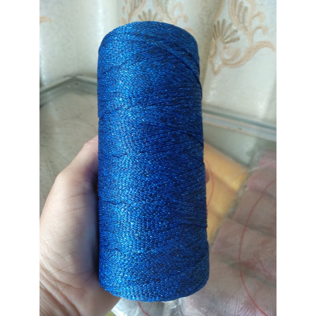 Sợi dệt màu xanh dương kim tuyến dùng đan móc bóp ví, nón, giày, thú bông