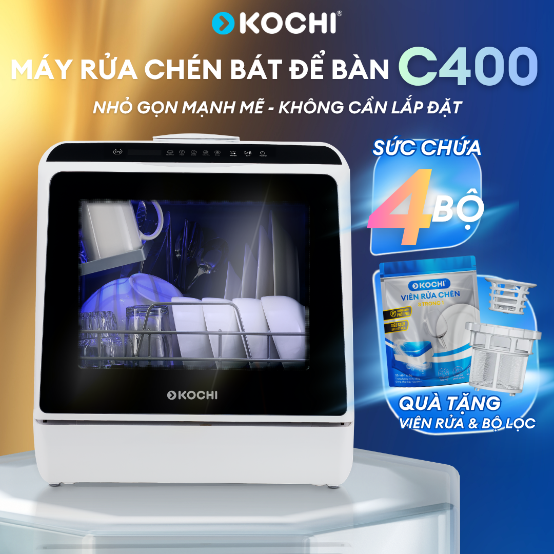 KOCHI C400 Countertop Dishwasher - No Installation Needed - Direct Water Fill 5L - 4 Place Settings - 5 Wash Programs - Hot Drying & Sterilization - 73H Storage - Energy & Water Efficient - Compact & Convenient Design