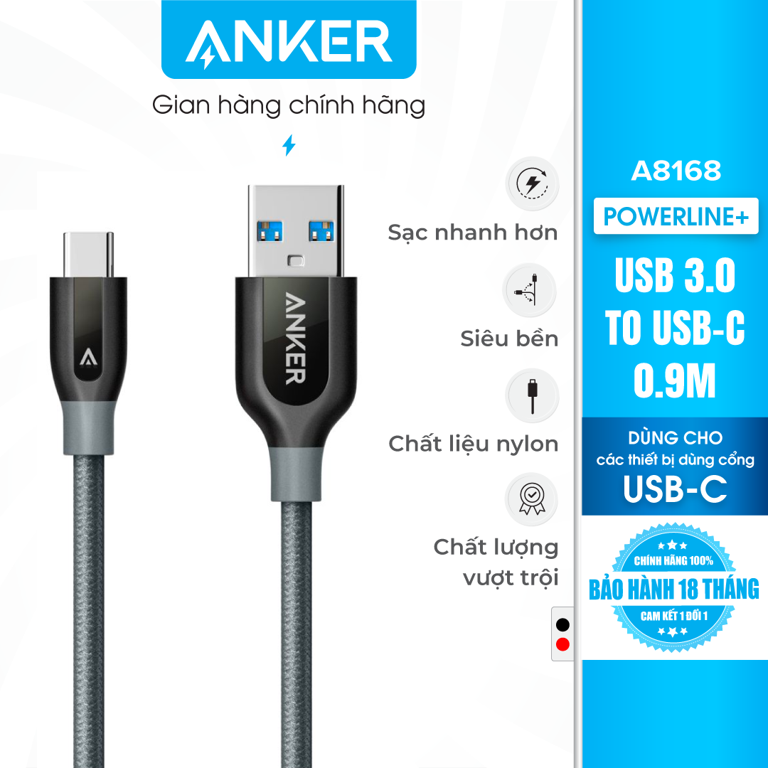 [CHỈ 20.9 - SALE ĐẾN 50%] Cáp sạc Type C ANKER PowerLine+ USB-C ra USB 3.0 dài 0.9m - [Có bao da] - A8168