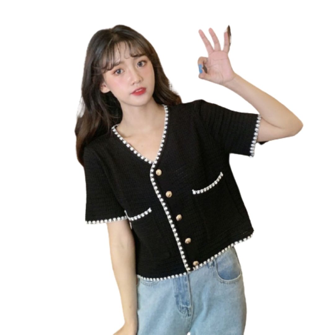 Áo Cardigan nữ tay ngắn dệt kim thời trang cao cấp Liao kiểu dáng Croptop màu đen trắng cổ tim chữ V