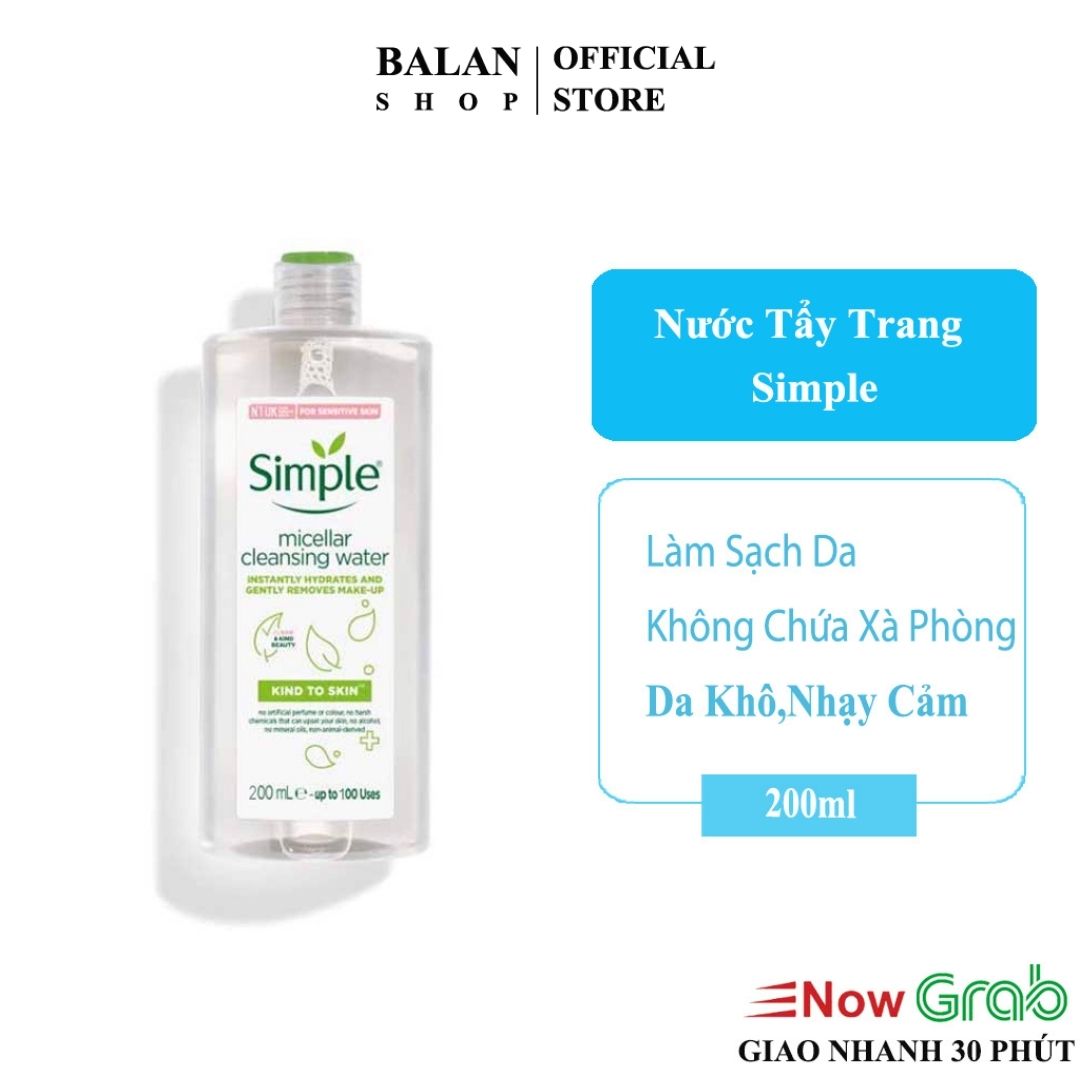Nước tẩy trang Simple Micellar làm sạch, không chứa cồn gây khô rát 200ml