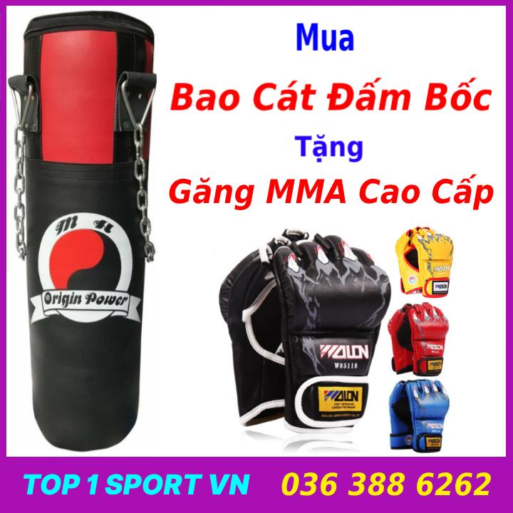 Bao cát đấm bốc 70cm tặng găng mma chính hãng bao cát đã nhồi sẵn, bao đấm bốc dây xích treo tường đã nhồi hoàn thiện da 3 lớp dày 2,5mm siêu bền tặng găng MMA Fighter cao cấp, bảo hành 12 tháng