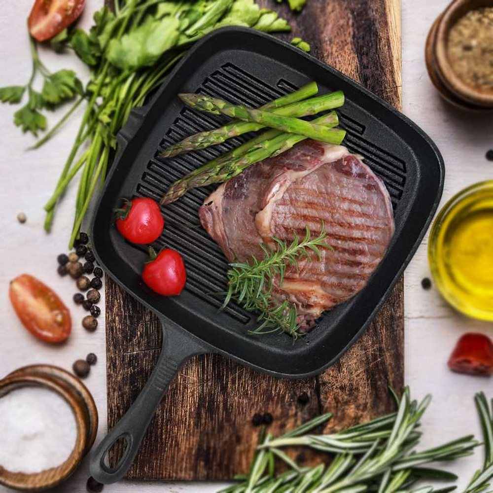 Chảo Gang Đúc Nướng BBQ, Bít Tết ,Bò Beef Steak 24cm Chống Dính Dùng Được Bếp Từ