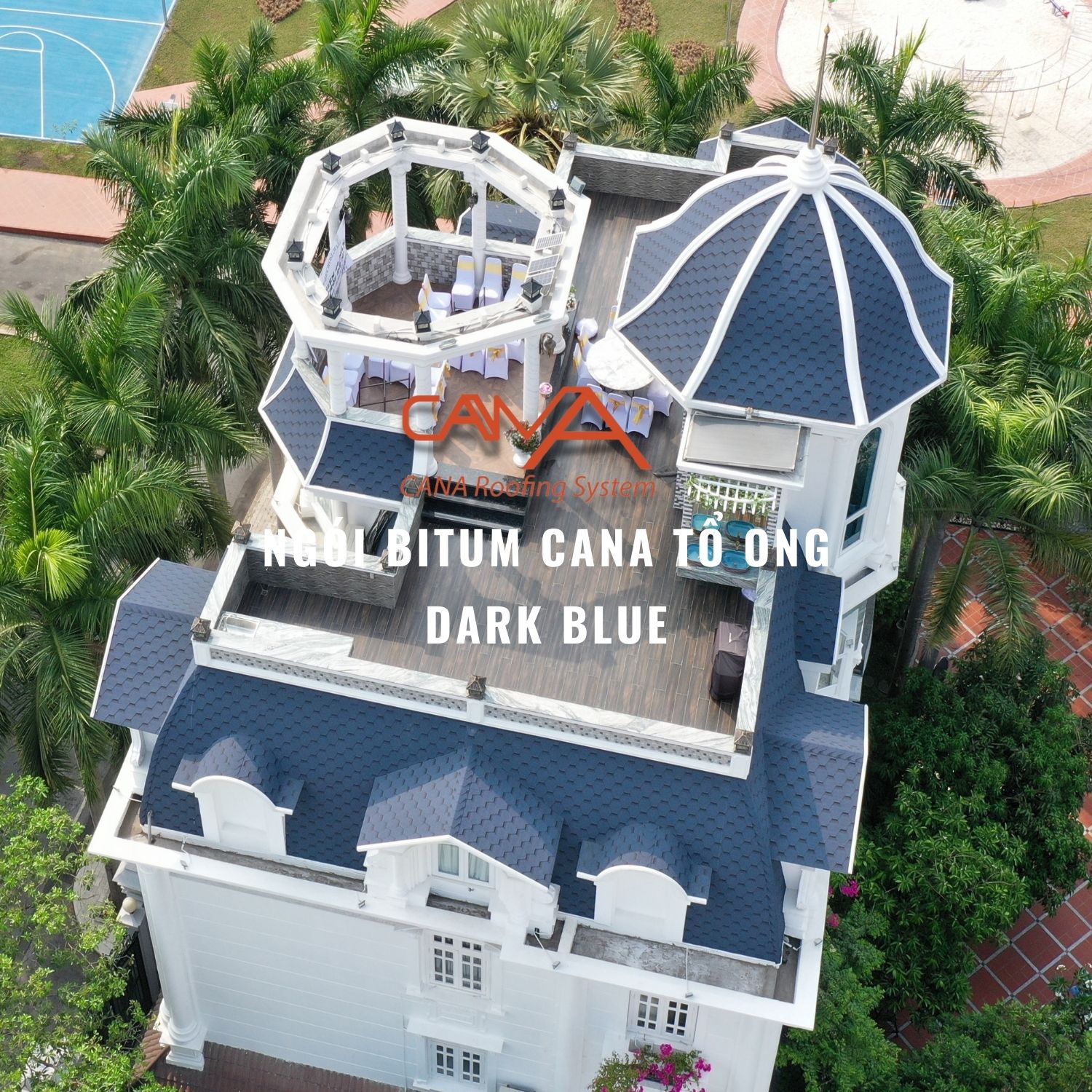 Ngói bitum cana tổ ong dark blue - ngói lợp nhà Hàn Quốc màu xanh dương - ngói dán phủ đá dẻo, nhẹ cho mái bê tông, mái gỗ, mái cemboard, thanh lịch và sang trọng cho kiến trúc cổ điển, tân cổ điển, ngói đóng gói 3m2/gói/24kg