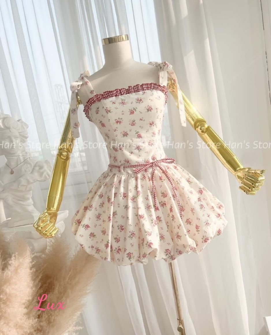 Đầm hai dây hoa nhí , đần ngắn xòe nữ cực xinh dáng bí phối viền caro