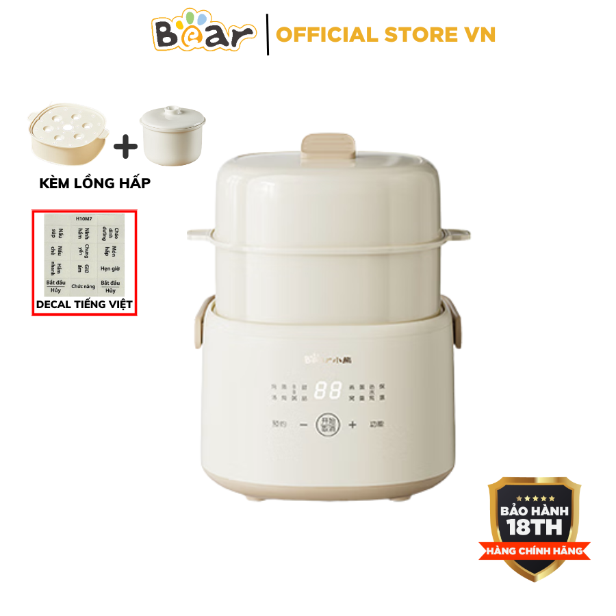 Nồi Nấu Chậm 1L Kèm Lồng Hấp Bear DDZ-H10M7, Đa Năng Nấu Cháo, Chưng Yến, Hầm Ninh,Bảo Hành 18 Tháng