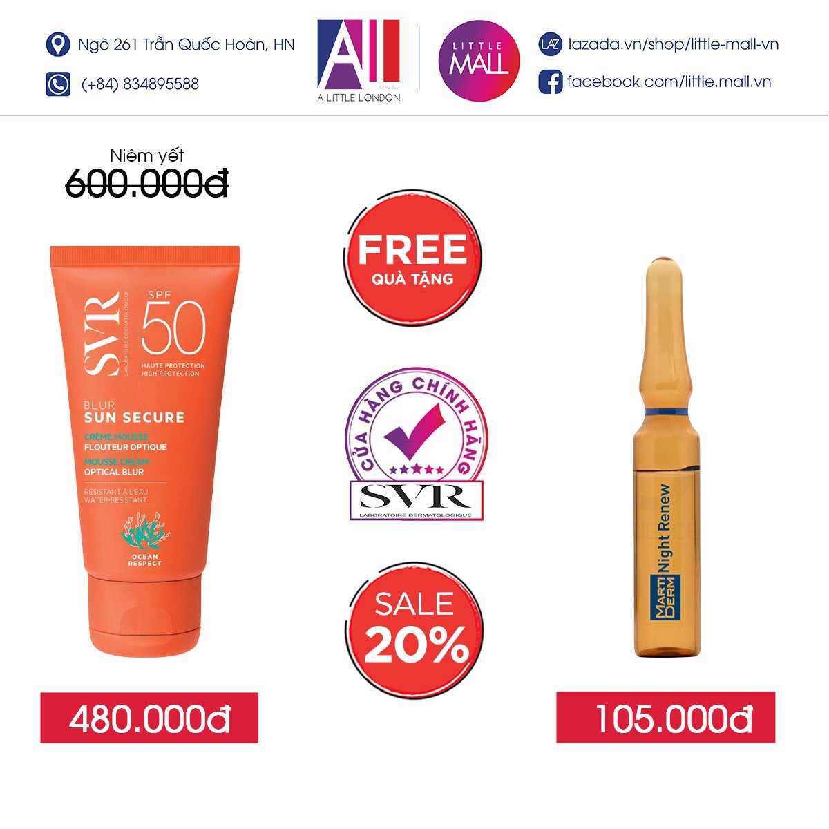 Kem chống nắng spf50 SVR sun secure blur spf50 50ml TẶNG Ampoule chống lão hóa Martiderm
