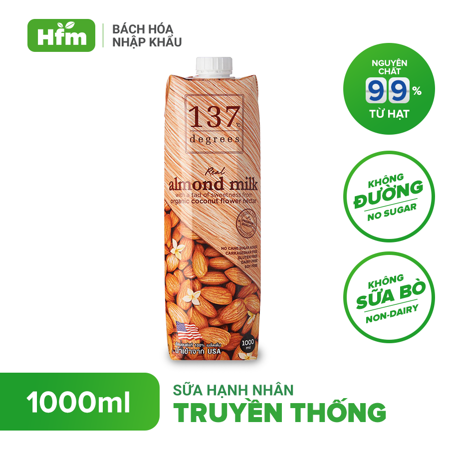 [HỘP 1 LÍT] Sữa Hạt Hạnh Nhân Nguyên Chất 137 DEGREES 1000ml, thành phần 99% từ hạt tươi Chính Hãng Thái Lan Dinh Dưỡng Healthy