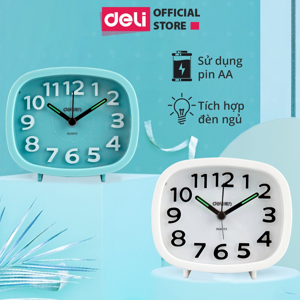 Đồng hồ để bàn báo thức dạ quang Deli - Trắng/ Xanh dương - 8800