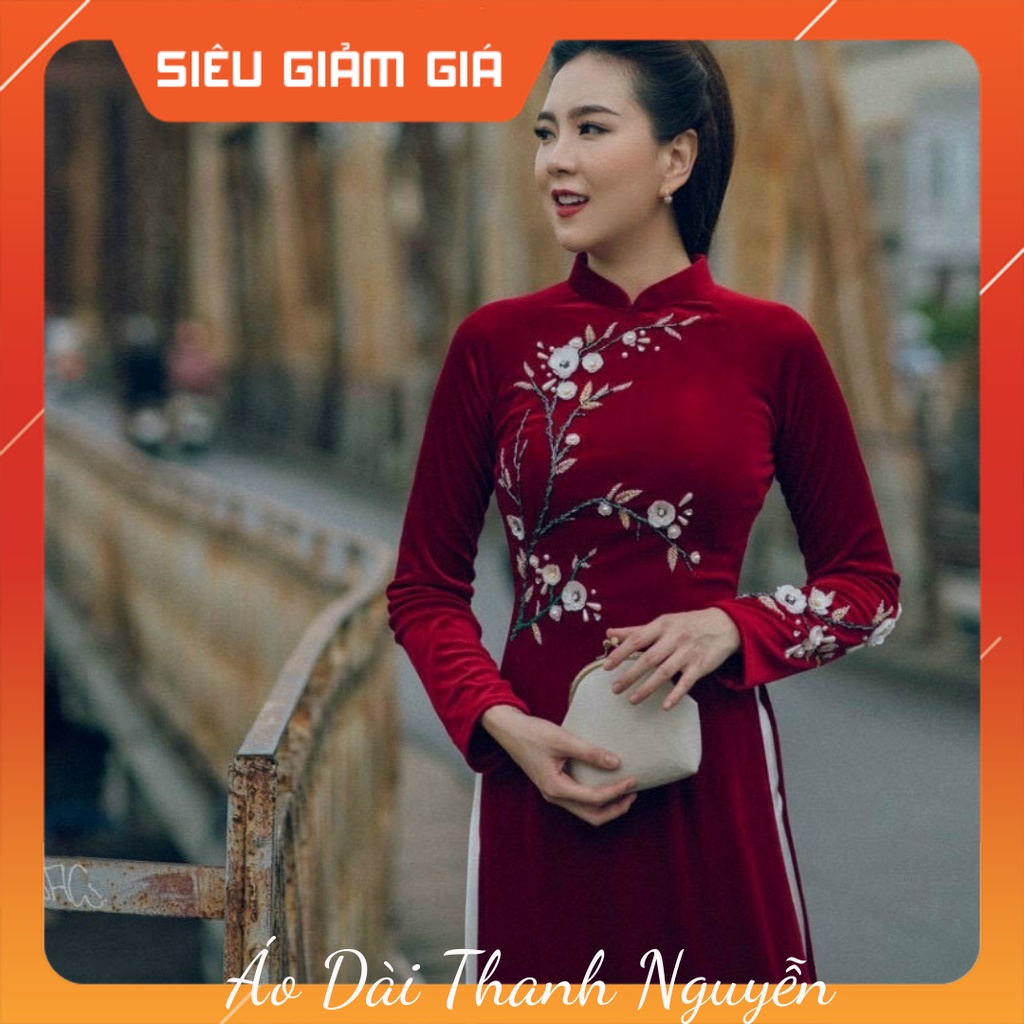 Áo dài nhung đỏ thiết kế may sẵn cao cấp