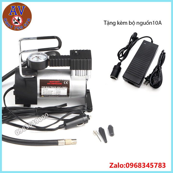 BƠM HƠI XE MÁY, XE ĐẠP 12V12A TẶNG BỘ NGUỒN 10A BỘ CHUYỂN ĐỔI DÙNG ĐIỆN 220V