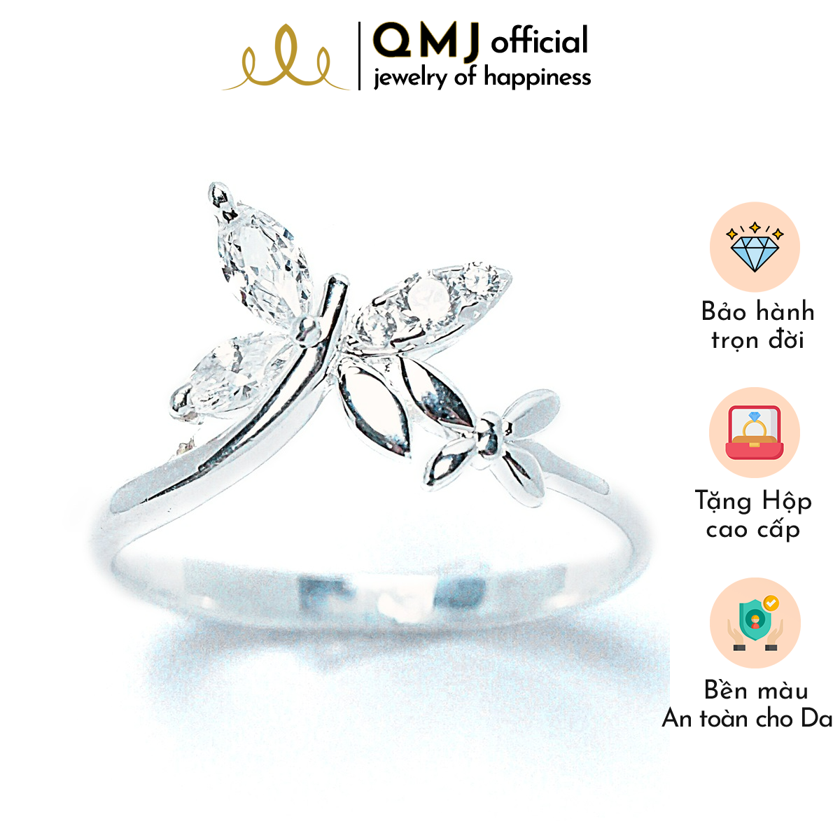 QMJ Nhẫn bạc Hồ điệp thiết kế hình con bươm bướm nạm đá tấm tinh tế, phụ kiện thời trang, thiết kế đơn giản - QNL0162