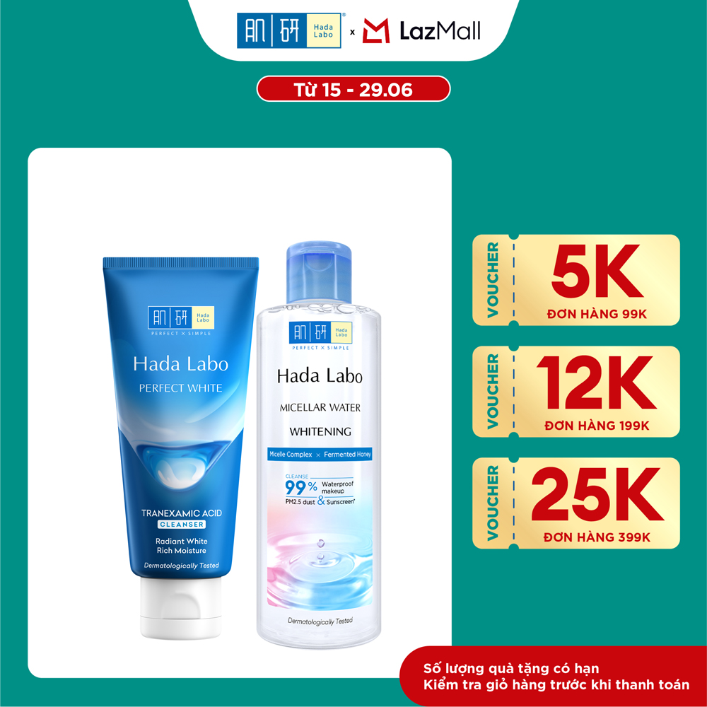 [VB] Bộ đôi sạch sâu - dưỡng trắng Hada Labo (Nước tẩy trang Hada Labo Micellar Water Whitening 240mL + Sữa rửa mặt dưỡng trắng Hada Labo Perfect White Tranexamic Acid 80g)