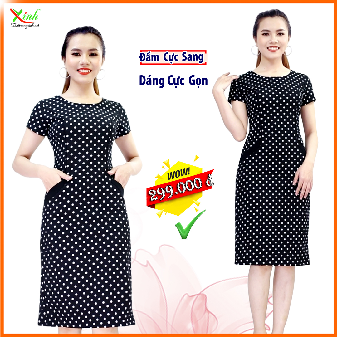 Đầm suông chấm bi siêu gọn dáng dl248