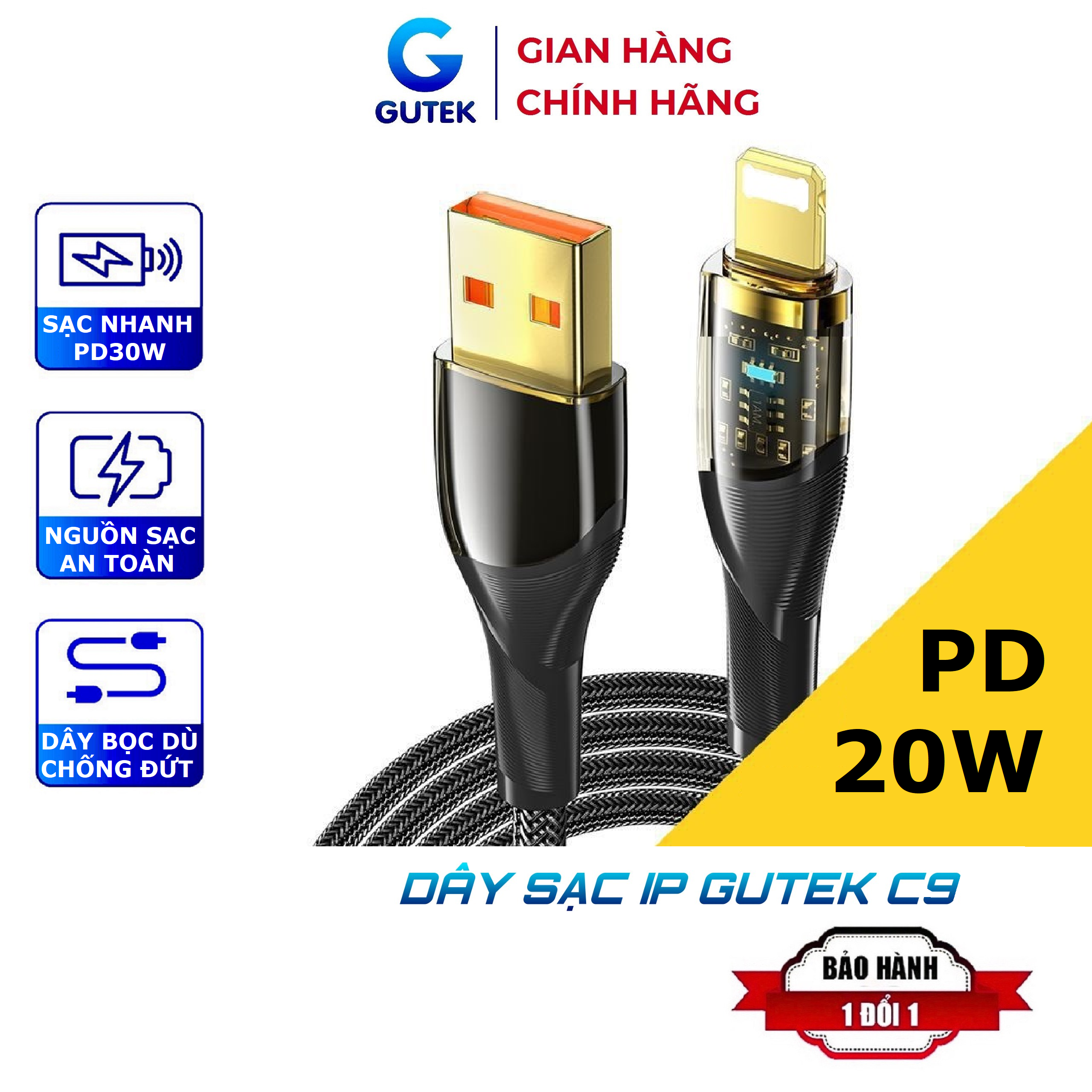Dây sạc nhanh iphone PD 20W Gutek C9 bọc dù cho 6 7 8 plus xsmax 11 12 13 14 pro max