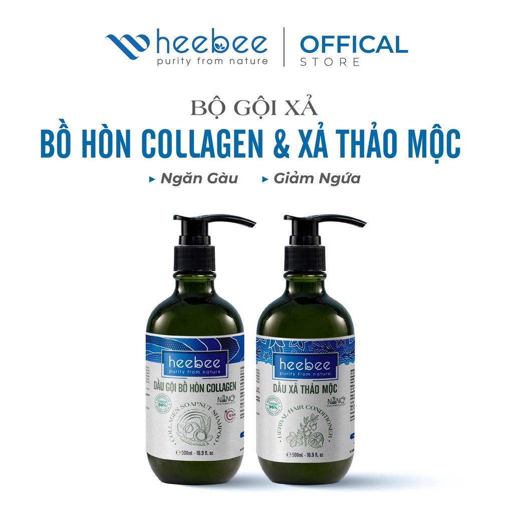 Combo gội xả Heebee chăm tóc chắc khỏe - Dầu gội Bồ Hòn Collagen 500ml + Dầu xả Thảo Mộc 500ml