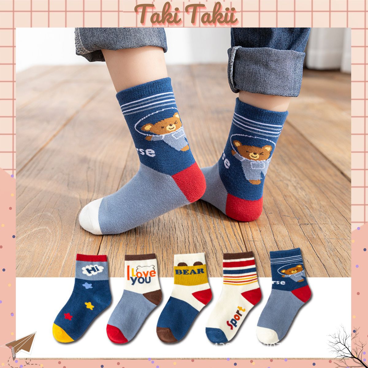 Set 5 đôi tất cho bé trai cổ cao in họa tiết gấu đáng yêu nhiều màu sắc cho bé, vớ trẻ em chất liệu cotton mềm mịn co giãn 4 chiều thấm hút mồ hôi chống trượt cho bé
