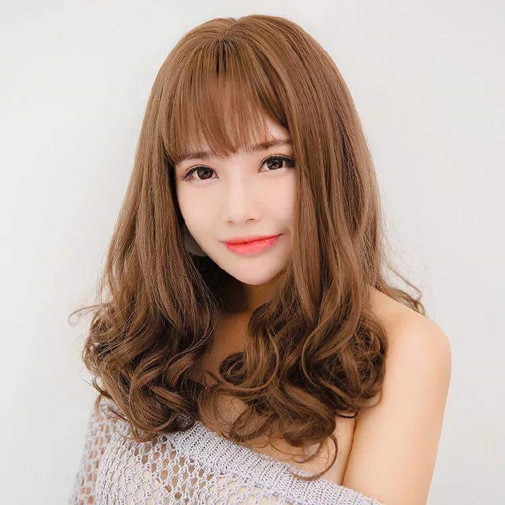 tóc giả nữ nguyên đầu xoăn ngang vai, tóc giả bộ cả đầu, tóc mái thưa hàn quốc, tóc giả ngắn