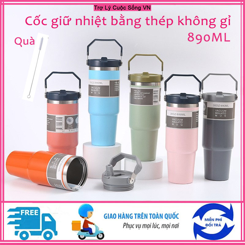 (Tặng kèm chổi vệ sinh ống hút) Cốc giữ nhiệt 890ml, inox dùng ngoài trời, giữ nhiệt 8-12 tiếng, bảo hành 6 tháng