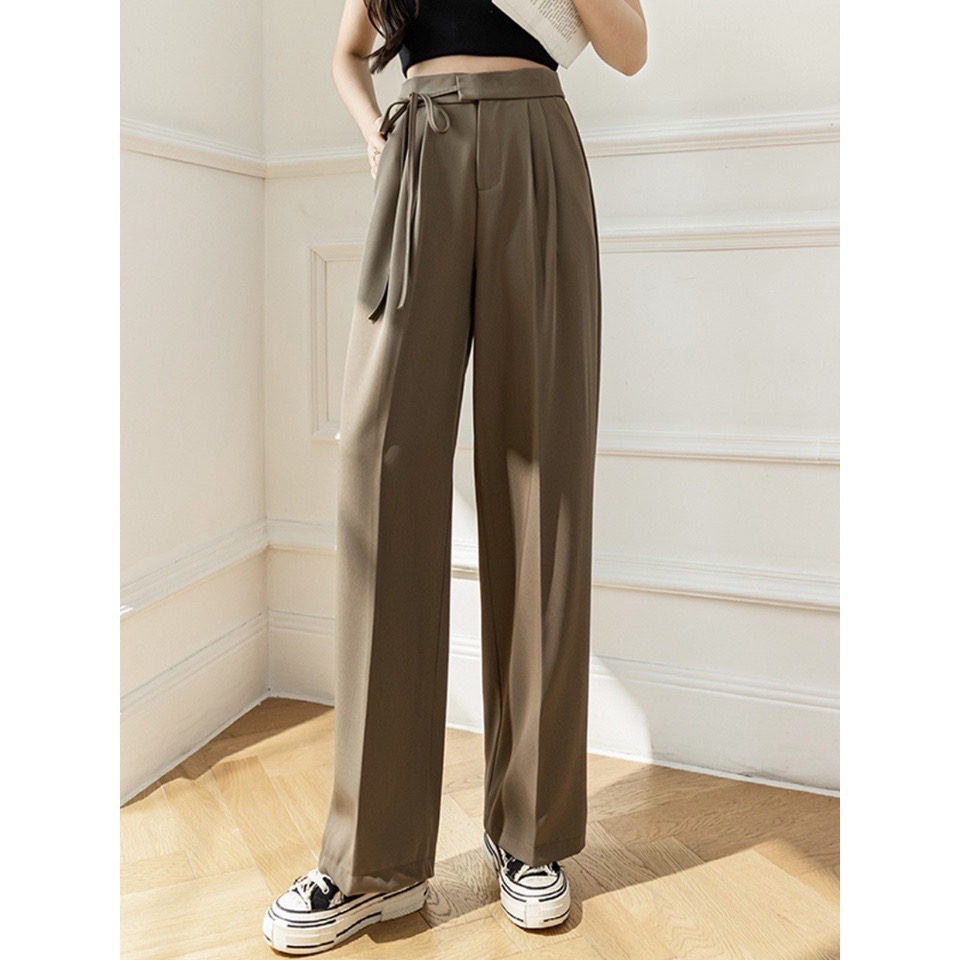 Quần ống rộng nữ lưng cao thắt dây nơ 1 bên, quần culottes ống suông công sở dáng dài .