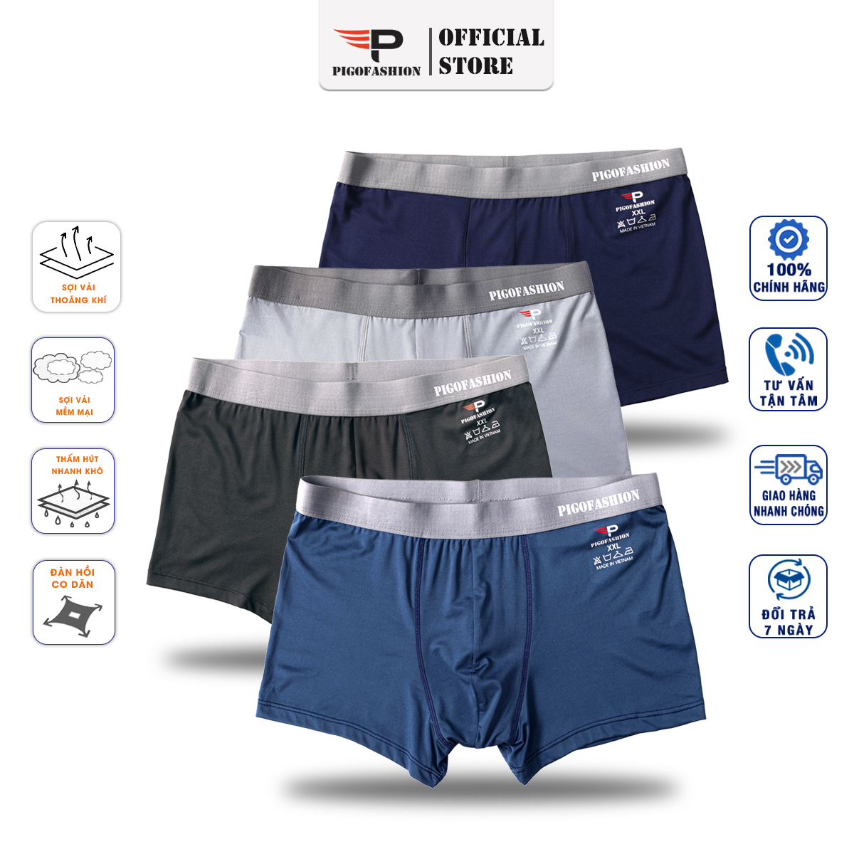 Hộp 4 Quần Sịp Boxer Đùi Nam Cao Cấp PIGOFASHION bo dệt mác Ép Nhiệt Kháng Khuẩn, Quần Lót Boxer Nam Cao Cấp QLBX03 – (4 Cái)