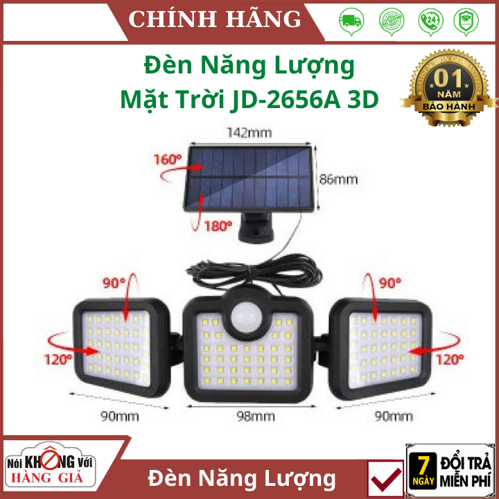 (Tặng Điều Khiển - Bảo hành 12 tháng) Đèn Năng Lượng Mặt Trời Đèn Năng Lượng Mặt Trời JD-2656A 3D 3 Bóng 126 led , Cảm biến chuyển động theo con người , chống nước IP65 , Đèn ngoài trời , đèn led năng lượng mặt trời
