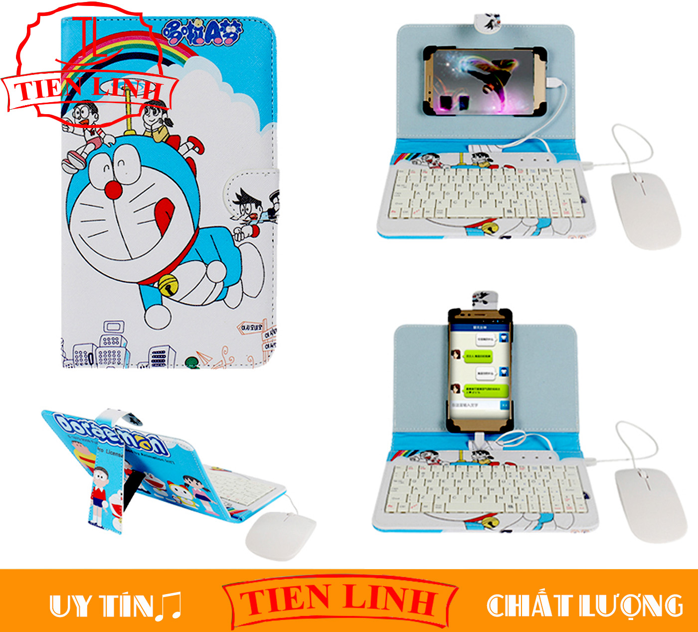 Shop Tiến Linh - Combo bao da bàn phím + Chuột + Lót chuột cho điện thoại máy tính bảng từ 4 đến 8 inch hình DOREMON