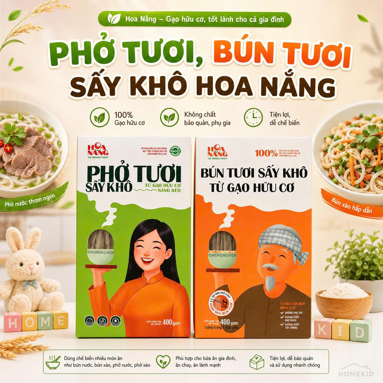 Bún Tươi Sấy Khô, Phở Tươi Sấy Khô Hữu Cơ Hoa Nắng Hộp 400g Không Chất Bảo Quản, Không Phụ Gia