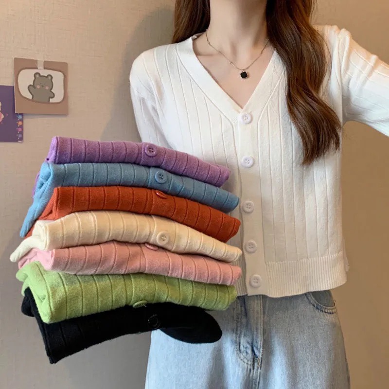 Áo khoác cardigan dệt kim cổ tim xinh xắn cho nữ chất len tăm phong cách ulzzang hàn quốc nhiều màu