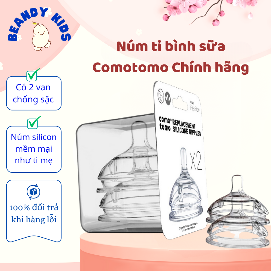 Núm ti bình sữa Comotomo Chính Hãng Núm vú bình Silicone Comotomo size 1, 2, 3 tia, Y cut Beandy Kids