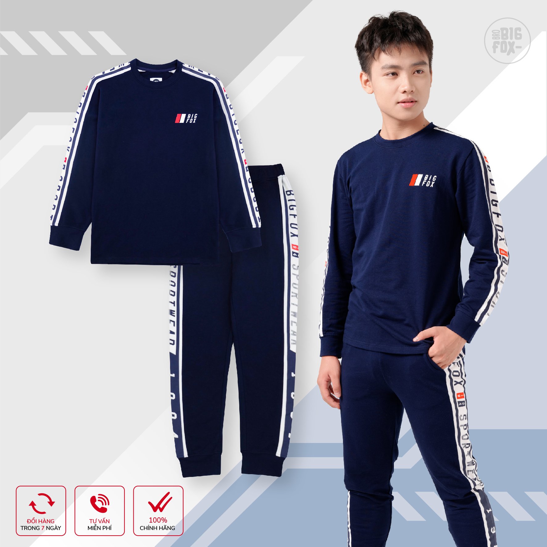 Bộ bé trai thu đông bigfox - miss meow size đại, bộ dài tay cho bé in navy thể thao 41 - 55 kg
