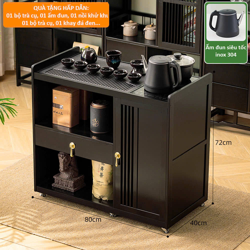 Vintage Bamboo Wood Tea Table with Brown & Black Wheels - Multi-Purpose Living Room Tea Table, with Electric Stove and Kettle