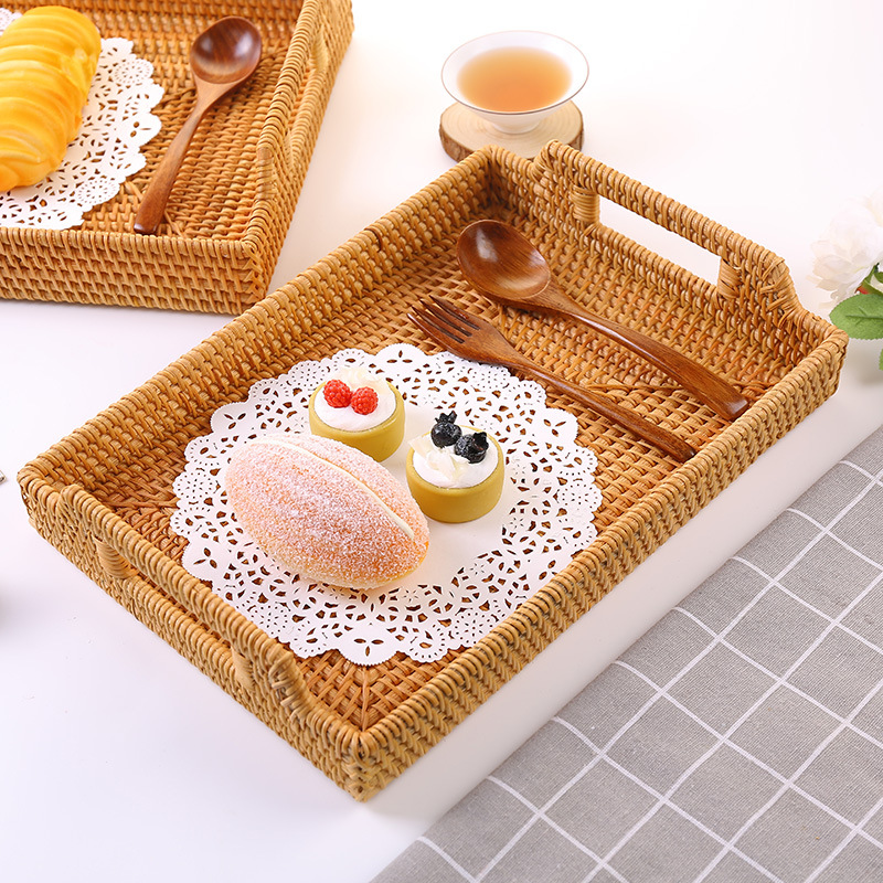 Khay mây chữ nhật có tay cầm, khay trà bánh decor chụp hình - Hàng thủ công Việt Nam - Khay mây decor đựng đồ ăn - Hình chữ nhật - Đa dạng kích thước - Mây tre đan - Đĩa decor