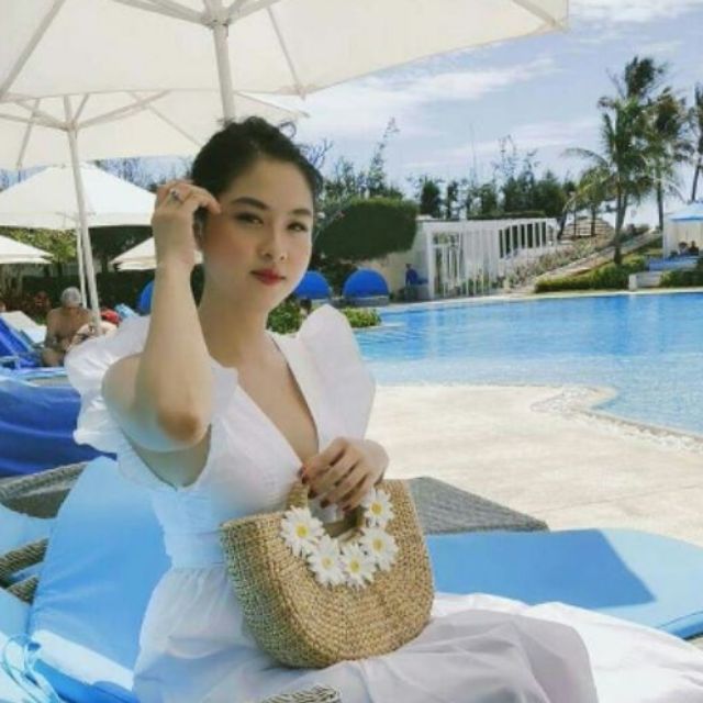 Túi cói bán nguyệt hoa cúc hoa mi trắng đẹp