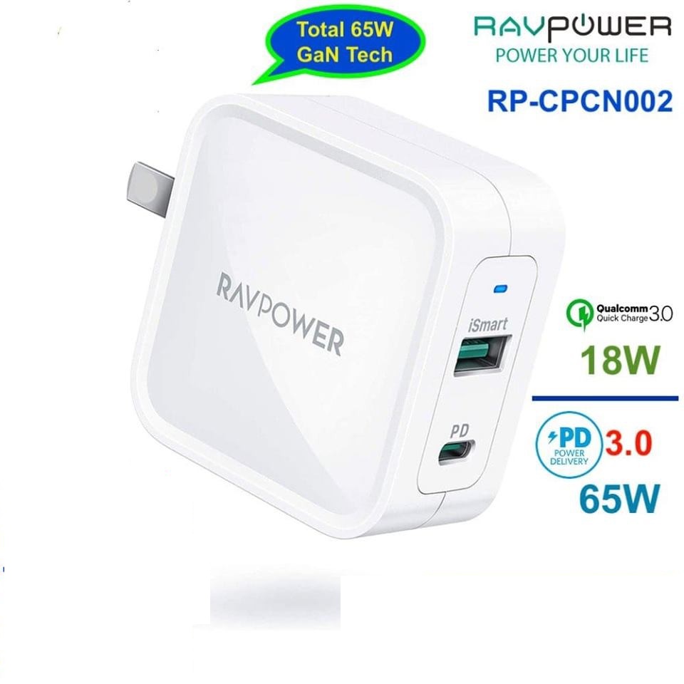 Củ Sạc Nhanh GaN 65W RavPower PD 2 cổng (USB + C) RP-CPCN002 cho iPhone iPad IP 6 7 8 Plus 10 11 12 Pro max x xs giá rẻ
