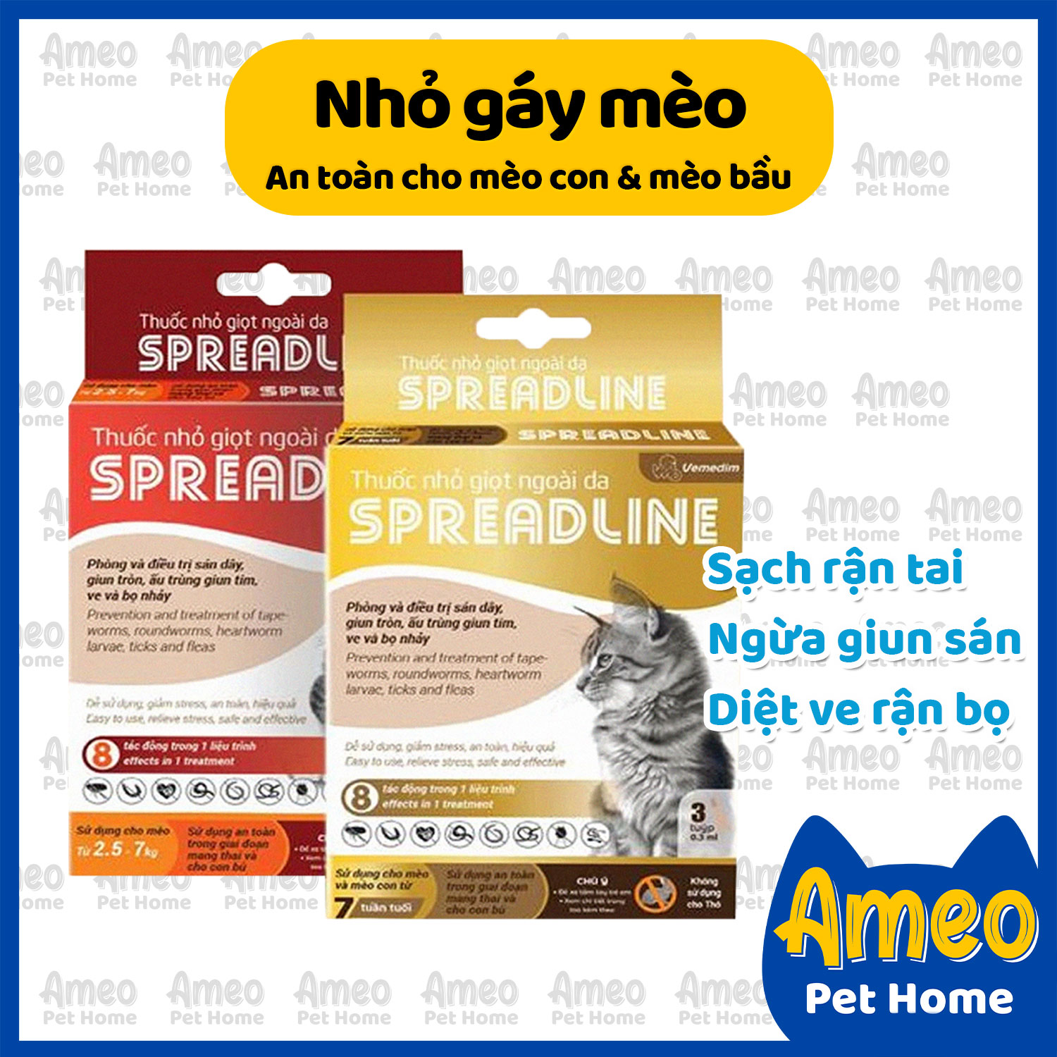 Spreadline - Nhỏ gáy cho mèo Spreadline hỗ trợ diệt Ve - Bọ chét - Rận tai cho Mèo