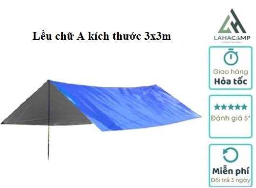lều chữ A, kích thước 3x3m trang bị đầy đủ khung kim loại, đinh dây, hàng có thương hiệu, bảo hành, chất lượng cao
